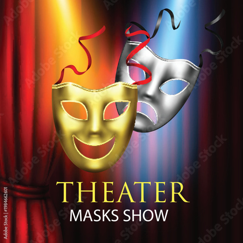 Classic theater masks representing joy and sorrow with streamers vector