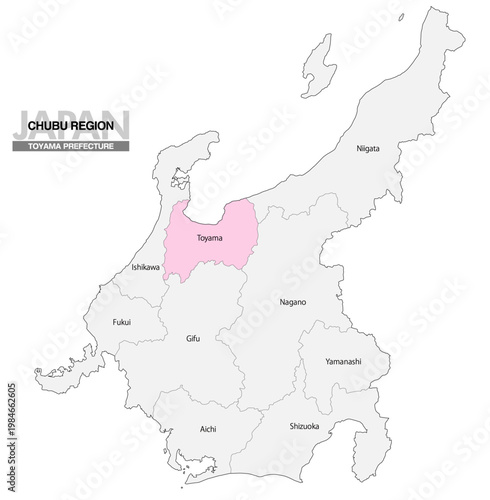 [日本地図] 中部地方の富山県の県名入り位置地図 (英語)