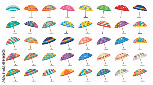 Collection of various colorful patterned beach umbrellas with vibrant designs isolated on white background, concept for summer vacation planning, beach equipment catalog and seasonal holiday marketing