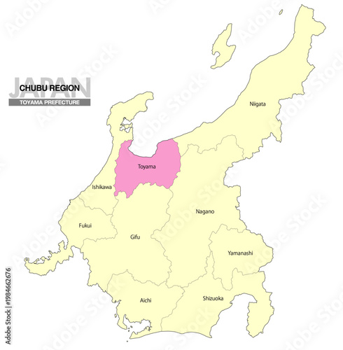 [日本地図] 中部地方の富山県の県名入り位置地図 (英語)