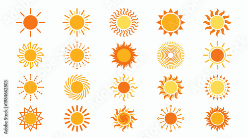 Diverse set of twenty sun icons in various graphic styles with yellow and orange colors on white background, concept for weather forecasting, summer vacation branding and solar energy