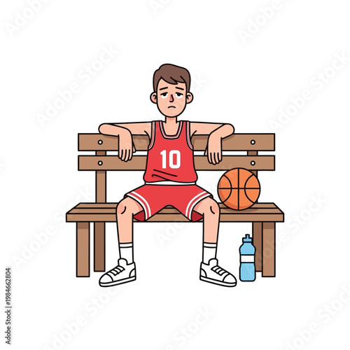Sad Basketball Player Sitting on Bench with Ball and Water Bottle