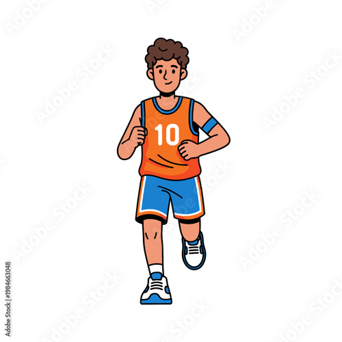 Young athletic man running, wearing basketball jersey and shorts, active lifestyle illustration