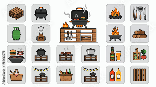 Flat vector icons collection of outdoor BBQ equipment and grilling food on wooden pallets, concept for backyard cookout marketing, restaurant menu branding and summer catering service