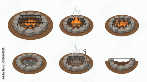 Illustration set of stone campfire pits with fire smoke grill grate skewers and shovel on dirt ground, concept for outdoor adventure manuals, camping equipment marketing and backyard barbecue graphics