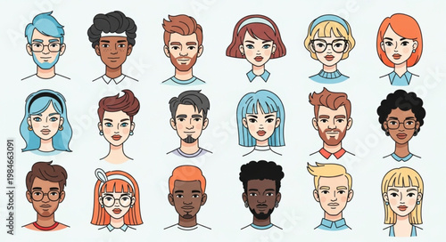 Diverse Group of Cartoon People Faces Collection.