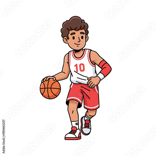 Young Basketball Player Dribbling Ball, Cartoon Style, Athletic Kid Playing Sport
