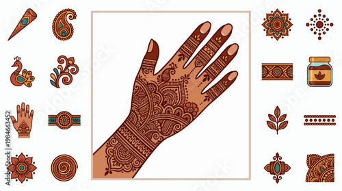 Traditional henna mehndi art on professional bridal artist hand with various floral and peacock design elements, concept for beauty salon branding, wedding invitations and cultural tutorial