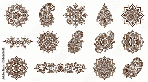 Set of traditional indian mehndi henna patterns with mandala and paisley floral ornaments on white background, concept for body art design, wedding invitation decoration and textile printing