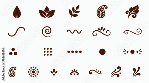 Elegant brown minimalist floral ornaments with leaf icons and decorative swirl symbols isolated on white background, concept for branding design, web layout and artisanal packaging decoration