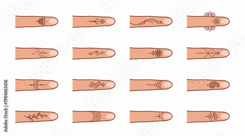 Collection of various elegant henna mehendi tattoo designs on human fingers with floral and geometric patterns on white background, concept for bridal preparation, beauty salon and body art