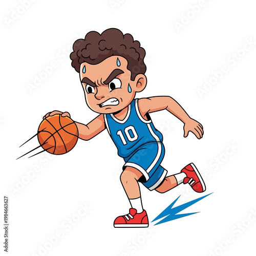 Young Boy Dribbling Basketball in Game, Intense Action, Sports Cartoon