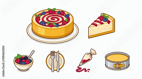 Assorted cheesecake illustration set featuring whole cake with berries, slice, piping bag and baking pan on white background, concept for bakery menu, dessert recipe blog and pastry shop promotion
