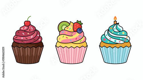Set of three colorful assorted cupcake illustrations with various toppings isolated on white background, concept for bakery menu design, birthday party invitation and digital marketing stickers