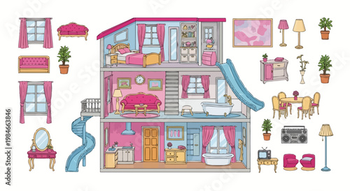Detailed cross-section of a pink dollhouse reveals furnished rooms.