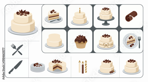 Elegant collection of wedding cake icons and pastry dessert illustrations with chocolate toppings on white background, concept for bakery branding, menu design and celebratory catering services