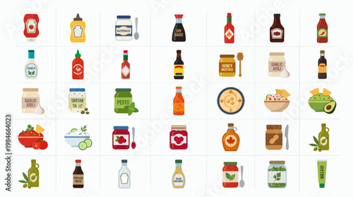 Set of flat vector icons featuring food condiments sauce bottles and dip jars on white background, concept for restaurant menu design, culinary marketing and food mobile app interface