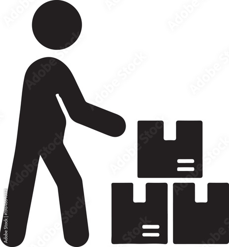 Delivery man picking up a package icon. Shipping, moving house, and cargo handling concept. Black and white vector pictogram