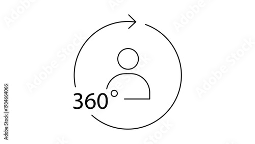 360 Review Vector Icon: A minimalist black line illustration on a white background representing a circular arrow around a person silhouette for feedback, assessment, and performance evaluation.