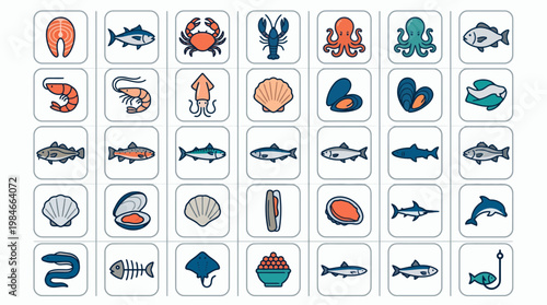 Collection of colorful seafood and marine life line icons featuring various fish species, shellfish, shrimp, octopus and aquatic animals, concept for restaurant menu, branding and advertising