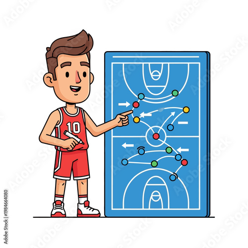 Basketball Coach Explaining Strategy on Blue Playboard with Player Pointers