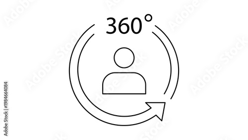 Minimalist 360 Degree Review Vector Icon Illustration. A clean black line art design on white background showing a circular arrow around a human figure for feedback, evaluation, and assessment.