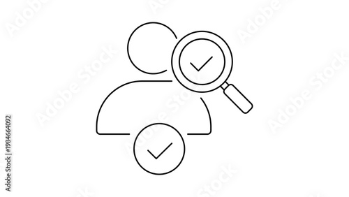 Background check vector icon illustration with a minimalist black line person silhouette, magnifying glass, and checkmark on white background for recruitment, security, and verification.