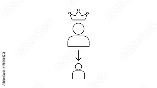 Foto Succession Planning Vector Icon Illustration: Minimalist black line art on white background showing a crowned leader passing authority to a successor with a downward arrow symbol for business