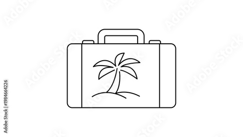 Minimalist black line vector icon of a travel suitcase with a palm tree symbol on a white background, representing vacation, holiday, business trip, summer getaway, and tourism illustration.