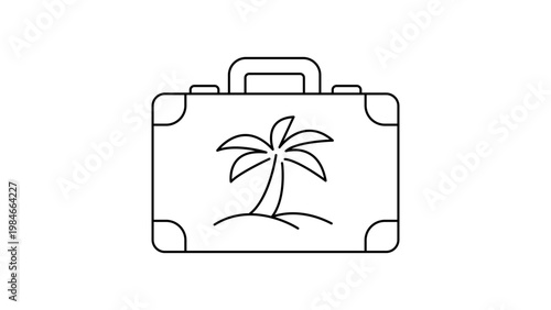 Minimalist black line vector icon of a travel suitcase with a palm tree illustration on a white background, representing vacation policy, summer holiday, trip planning, and tourism concept.