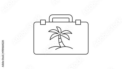 Minimalist black line vector icon of a travel suitcase with a palm tree illustration, representing vacation, holiday, summer trip, and travel policy, isolated on a white background.