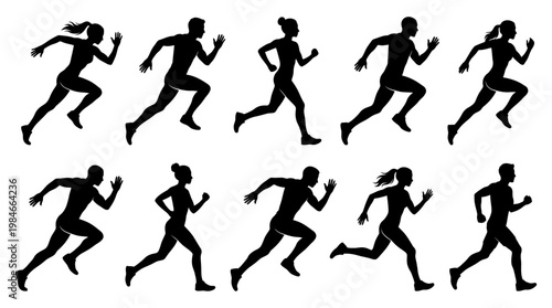 Black silhouettes featuring male and female professional managers and CEOs running fast in dynamic poses, concept for career competition, business leadership and corporate achievement