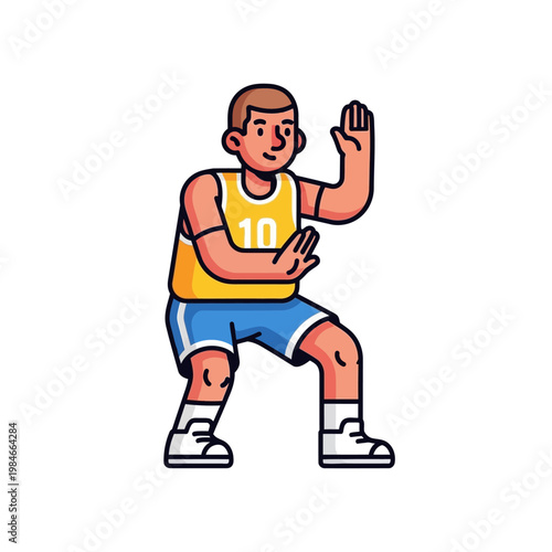 Basketball Player in Defensive Stance, Dynamic Action, Sports Illustration