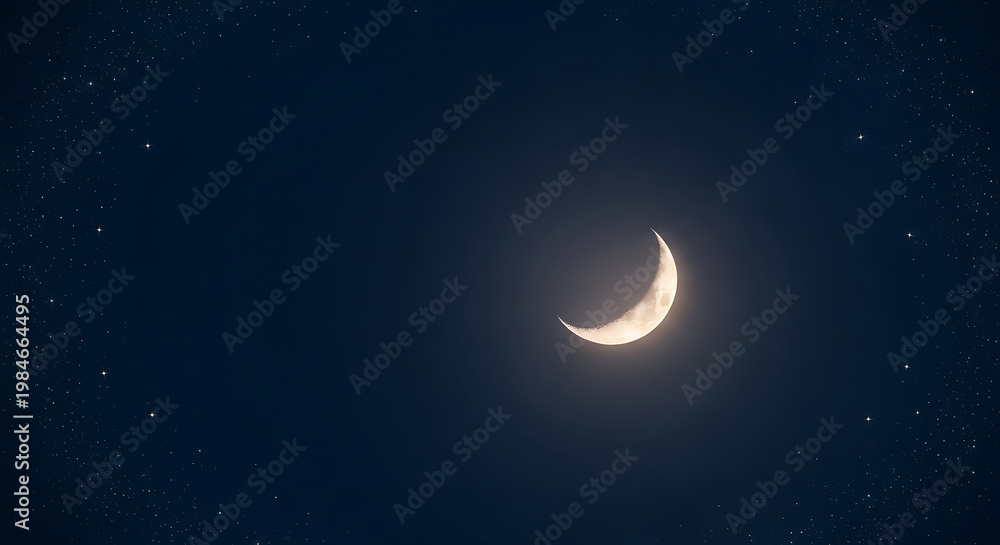 Naklejka premium A glowing crescent moon shines brightly in a dark, star-filled night sky, creating a peaceful celestial scene.