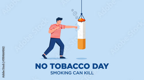 Anti-tobacco campaign illustration: A man pushing away a giant cigarette to promote No Tobacco Day and the message that smoking can kill.