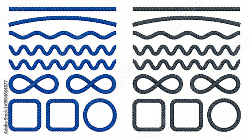 Collection of various blue and grey nautical rope borders including straight lines, waves, infinity loops, squares and circular frames, concept for maritime design, ornament and illustration
