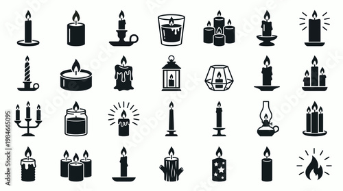 Collection of various black candle silhouette icons with burning flames and different holders set on white background, concept for decorative element, religious symbols and interior design icons