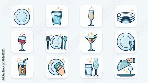 Vector set of sparkling clean dishes and beverage glasses icons on isolated white background, concept for restaurant branding, dishwashing service and hospitality marketing