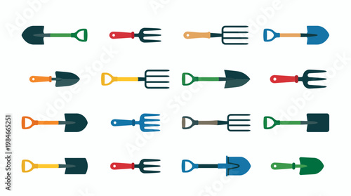 Flat vector icon set of various gardening tools including colorful shovels and forks isolated on white background, concept for horticulture catalog, farm equipment and landscaping business