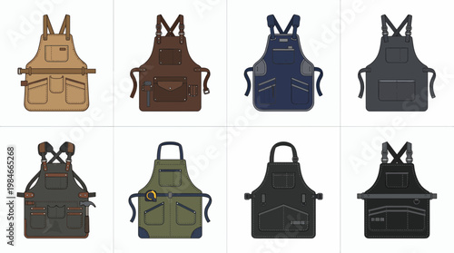 Set of diverse heavy-duty professional work aprons with multiple pockets and tool holders in various colors, concept for carpentry equipment, workshop gear and barber shop uniform