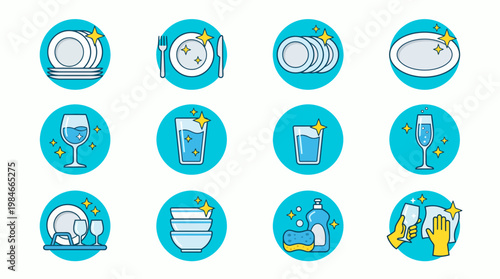 Set of clean dishwashing icons featuring sparkling plates, glasses, bowls and detergent on blue circles, concept for household cleaning services, restaurant hygiene and kitchen maintenance