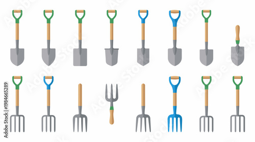 Large collection of gardening tools including various shovels spades and metal pitchforks on white background, concept for gardening equipment catalog, farming and landscaping service