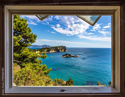 Open window view turquoise sea, rocky coastline, island, and bright sky through aged wooden frame