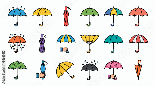 Diverse collection of colorful umbrella icons in various styles and patterns including open and folded designs with rain, concept for weather forecasting, rainy season and outdoor protection