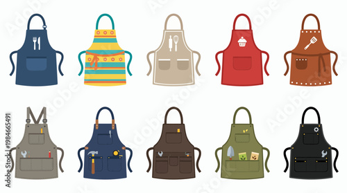 Various professional apron icons with specific tools for chef, baker, gardener, carpenter and mechanic on white background, concept for uniform branding, workforce and industrial equipment