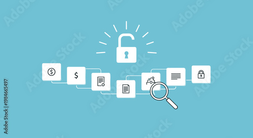 Flat minimalist illustration of blockchain transparency,  b