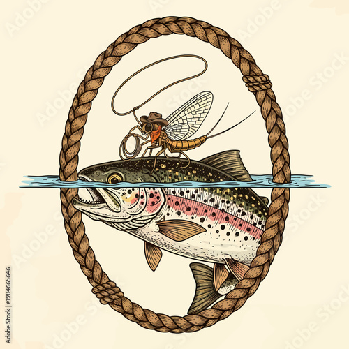 vector illustration of a cowboy mayfly riding a rainbow trout within a rope frame