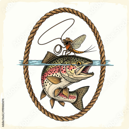 vector illustration of a cowboy mayfly riding a rainbow trout within a rope frame
