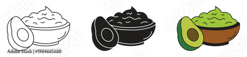Guacamole icon set. Bowl of Mexican avocado and spice sauce. Vector illustration isolated on white background.