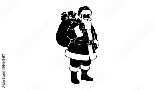 Santa Claus silhouette vector carrying gift sack christmas black white